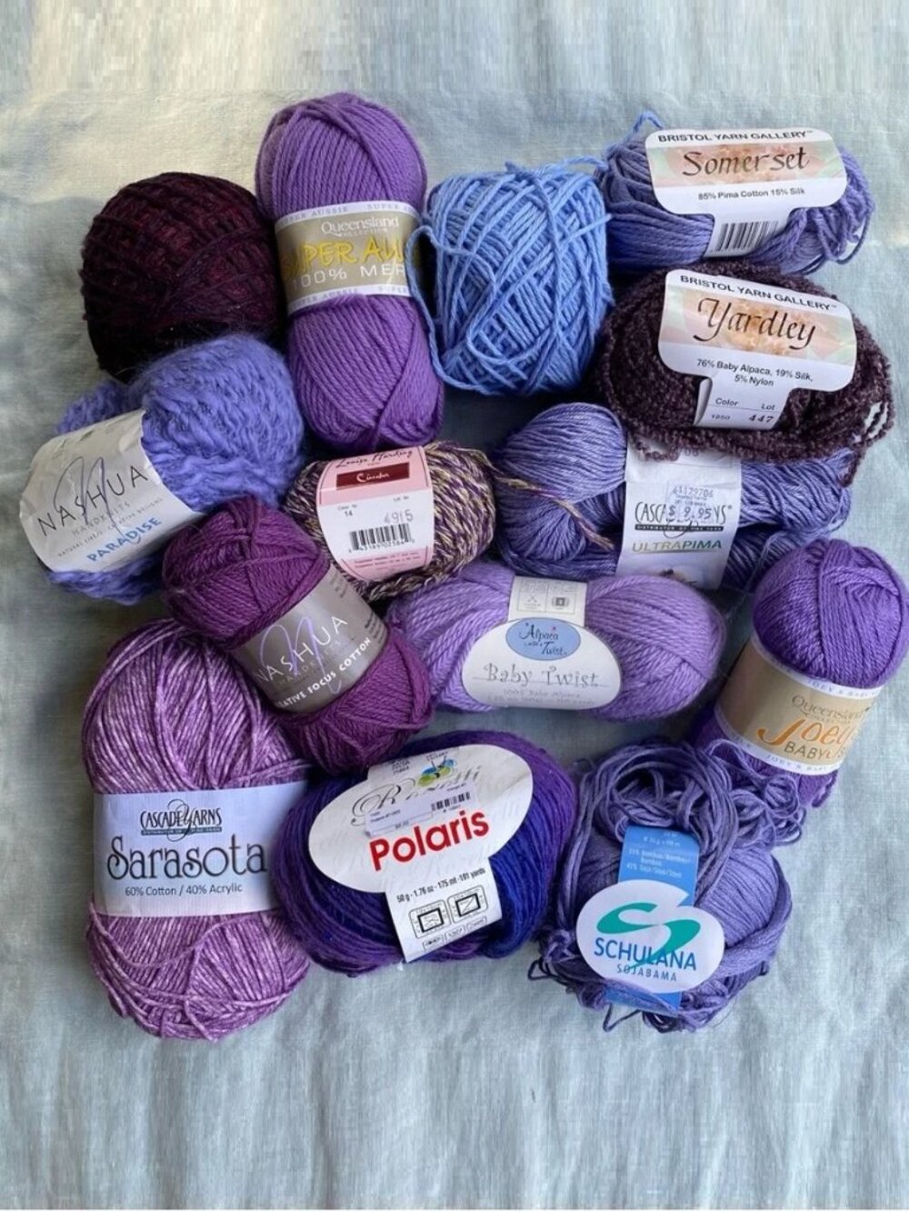 Lot of 14 purple yarn skeins alpaca Merino wool silk cotton